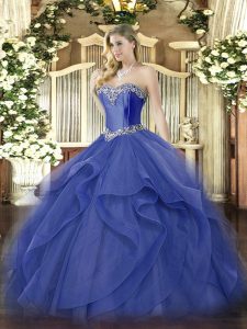 Blue Sweetheart Neckline Beading and Ruffles Vestidos de Quinceanera Sleeveless Lace Up