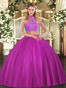 Fuchsia Criss Cross Halter Top Beading Quinceanera Dresses Tulle Sleeveless