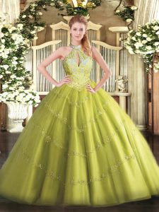 Yellow Green Lace Up Sweet 16 Quinceanera Dress Beading Sleeveless Floor Length