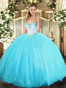 Vintage Sleeveless Tulle Floor Length Lace Up Quince Ball Gowns in Aqua Blue with Beading