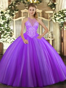 Tulle Sleeveless Floor Length 15 Quinceanera Dress and Beading