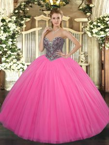 Customized Sweetheart Sleeveless Lace Up 15 Quinceanera Dress Hot Pink Tulle