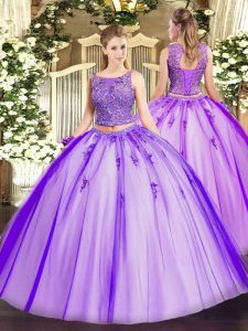 Most Popular Lavender Two Pieces Scoop Sleeveless Tulle Floor Length Lace Up Beading and Appliques Ball Gown Prom Dress