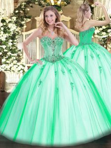 Apple Green Tulle Lace Up 15th Birthday Dress Sleeveless Floor Length Beading and Appliques