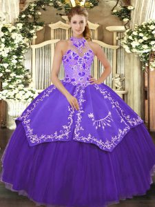 Perfect Purple Satin and Tulle Lace Up 15th Birthday Dress Sleeveless Floor Length Beading and Embroidery