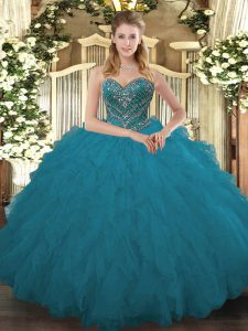 Teal Lace Up Sweetheart Beading and Ruffled Layers Sweet 16 Dress Tulle Sleeveless