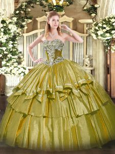 Flirting Olive Green Strapless Neckline Beading and Ruffled Layers Quinceanera Gowns Sleeveless Lace Up