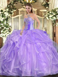 Artistic Floor Length Lavender 15th Birthday Dress Organza Sleeveless Beading and Ruffles