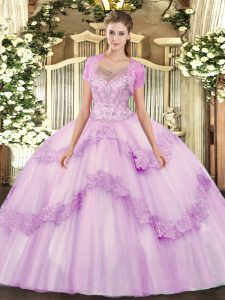 Floor Length Clasp Handle Quince Ball Gowns Lilac for Military Ball and Sweet 16 with Beading and Appliques