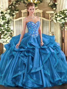 Glamorous Blue Sweetheart Neckline Embroidery and Ruffles Vestidos de Quinceanera Sleeveless Lace Up