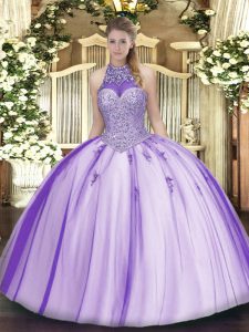 Lavender Halter Top Lace Up Beading and Appliques Quinceanera Gowns Sleeveless