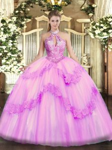 Charming Lilac Lace Up Quinceanera Dress Appliques and Sequins Sleeveless Floor Length