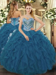 Floor Length Teal 15th Birthday Dress Tulle Sleeveless Beading and Ruffled Layers