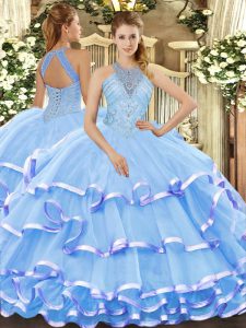 Modest Aqua Blue Halter Top Neckline Beading and Ruffled Layers Quince Ball Gowns Sleeveless Lace Up