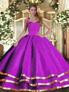 Purple Ball Gowns Tulle Halter Top Sleeveless Ruffled Layers Floor Length Lace Up Quinceanera Gown