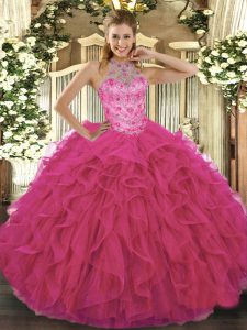 Hot Pink Ball Gowns Organza Halter Top Sleeveless Beading and Embroidery Floor Length Lace Up Sweet 16 Dresses