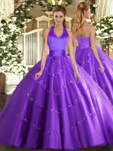 Purple Sleeveless Tulle Lace Up Ball Gown Prom Dress for Military Ball and Sweet 16 and Quinceanera