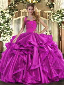 Fuchsia Lace Up 15th Birthday Dress Ruffles Sleeveless Floor Length