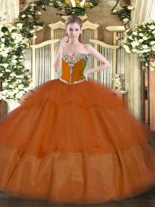 Noble Floor Length Lace Up Vestidos de Quinceanera Rust Red for Military Ball and Sweet 16 and Quinceanera with Beading and Ruffled Layers