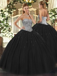 Black Lace Up Sweetheart Beading Quinceanera Dress Tulle Sleeveless