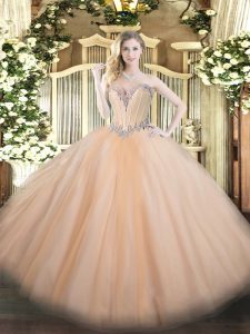 Fashion Ball Gowns 15 Quinceanera Dress Peach Sweetheart Tulle Sleeveless Floor Length Lace Up