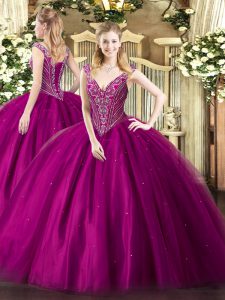 Cute Beading Quinceanera Gowns Fuchsia Lace Up Sleeveless Floor Length