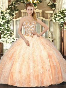 Peach Straps Neckline Beading and Ruffles Vestidos de Quinceanera Sleeveless Lace Up