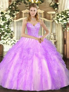 Comfortable Lilac Sleeveless Tulle Lace Up Sweet 16 Dresses for Military Ball and Sweet 16 and Quinceanera