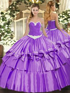 Deluxe Lavender Sleeveless Appliques and Ruffled Layers Floor Length Quinceanera Gown