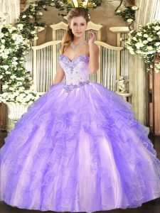 Eye-catching Lavender Ball Gowns Beading and Ruffles Quinceanera Gown Lace Up Tulle Sleeveless Floor Length