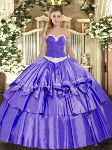 Floor Length Lace Up Sweet 16 Quinceanera Dress Lavender for Military Ball and Sweet 16 and Quinceanera with Appliques and Ruffled Layers