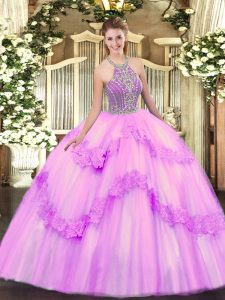 Hot Selling Lilac Halter Top Lace Up Beading and Appliques Quinceanera Gowns Sleeveless