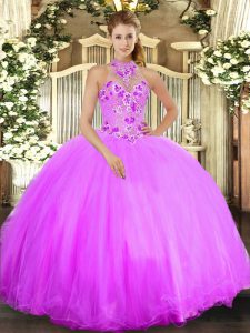 Lilac Halter Top Neckline Beading and Embroidery Ball Gown Prom Dress Sleeveless Lace Up