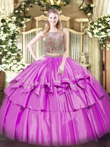 Lilac Scoop Neckline Beading and Ruffled Layers Quince Ball Gowns Sleeveless Lace Up