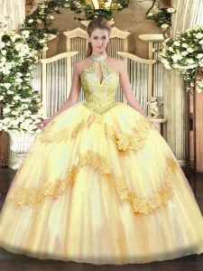 Latest Gold Sweet 16 Dresses Military Ball and Sweet 16 and Quinceanera with Appliques and Sequins Halter Top Sleeveless Lace Up