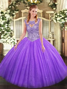 Lavender Sleeveless Floor Length Beading Lace Up Quinceanera Gown