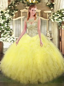 High Class Yellow Sweet 16 Dresses Military Ball and Sweet 16 and Quinceanera with Beading and Ruffles Scoop Sleeveless Lace Up