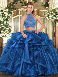 Floor Length Blue Sweet 16 Dress Halter Top Sleeveless Criss Cross