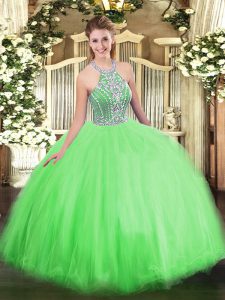 Ball Gowns Halter Top Sleeveless Tulle Floor Length Lace Up Beading Sweet 16 Dresses