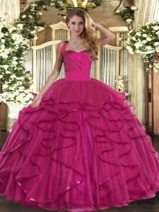 Fuchsia Tulle Lace Up Sweet 16 Dresses Sleeveless Floor Length Ruffles