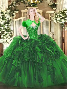 Sexy Sleeveless Organza Floor Length Lace Up Quinceanera Gowns in Green with Beading and Ruffles