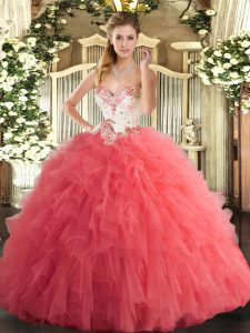 Watermelon Red Tulle Lace Up Sweetheart Sleeveless Floor Length Quince Ball Gowns Beading and Ruffles