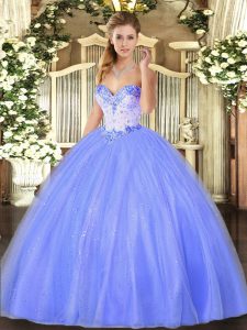 Sleeveless Floor Length Beading Lace Up Quince Ball Gowns with Blue