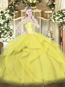 Traditional Yellow Ball Gowns Off The Shoulder Sleeveless Tulle Floor Length Lace Up Beading and Ruffles Sweet 16 Quinceanera Dress