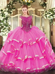 Glorious Fuchsia Ball Gowns Beading and Ruffled Layers Quinceanera Dress Zipper Organza Sleeveless Floor Length