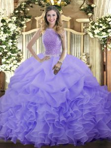 Sleeveless Floor Length Beading and Ruffles and Pick Ups Lace Up Sweet 16 Dress with Lavender