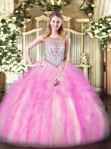 Lilac Ball Gowns Beading and Ruffles Quinceanera Gown Zipper Tulle Sleeveless Floor Length