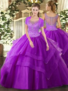 Flare Eggplant Purple Tulle Clasp Handle 15 Quinceanera Dress Sleeveless Floor Length Beading and Ruffles