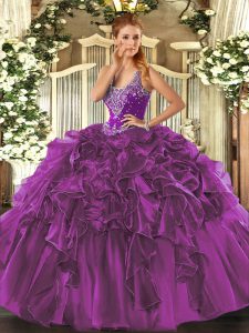 Eggplant Purple Sweet 16 Dresses Military Ball and Sweet 16 with Beading and Ruffles Straps Sleeveless Lace Up