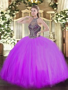 Eye-catching Halter Top Sleeveless Tulle 15th Birthday Dress Beading Lace Up